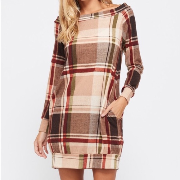 Taupe Plaid long Sleeve Dress - Picture 2 of 6